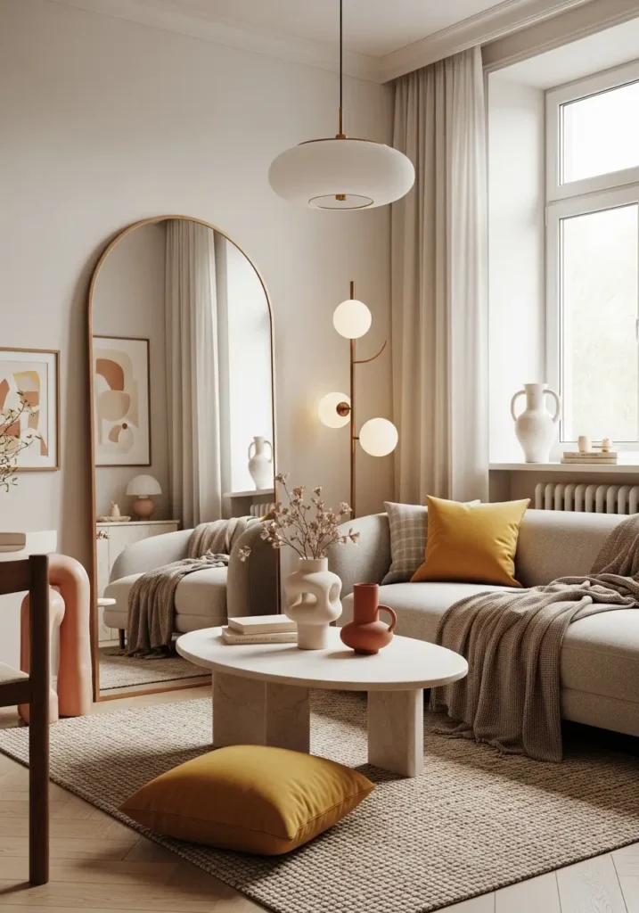 A small modern eclectic apartment with soft curved furniture, an arched mirror, a rounded coffee table, cozy layered textiles, warm neutral tones with playful accents, elegant lighting, stylish compact layout, inviting and feminine mood, detailed interior styling with a calm and artistic feeling

