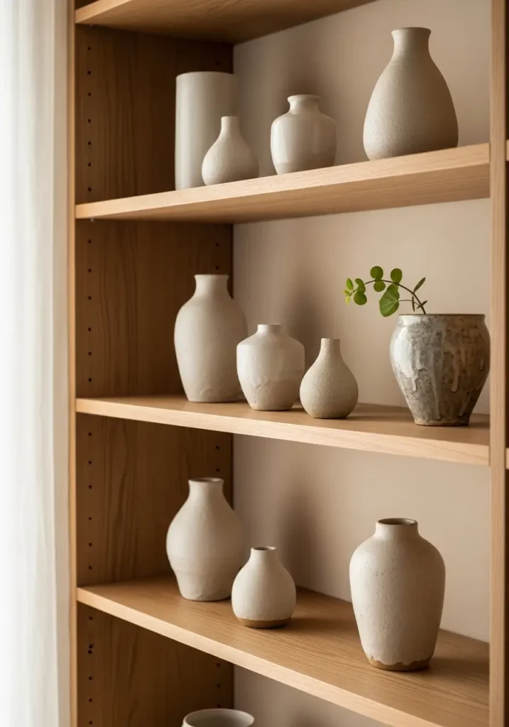 Japandi shelf styling with handmade ceramic vases, light wood shelving, neutral wall background, soft window light illuminating textures, minimal decor arrangement, warm calm ambiance, Pinterest-style interior photography capturing organic simplicity.

