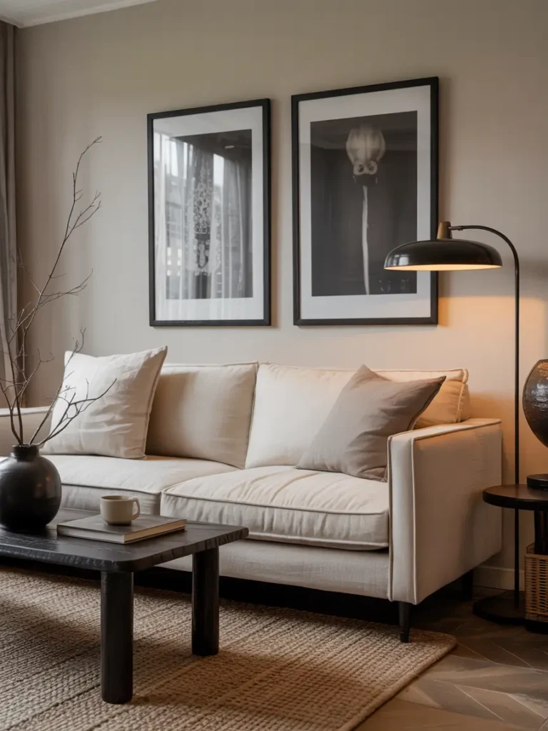 Japandi living room with neutral palette accented by black floor lamp and dark framed artwork, linen sofa, wooden textures, warm daylight filtering softly, minimal decor styling, Pinterest-style interior photography emphasizing subtle contrast and calm mood.

