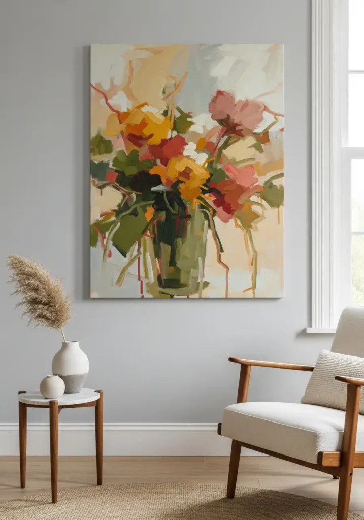 Creative studio corner with artistic brushstroke wall in peach and terracotta hues, cozy armchair, woven basket decor, sunlight highlighting painted texture, layered textiles, relaxed, feminine styling, Pinterest-style interior photography capturing a warm, artistic, and cozy environment.

