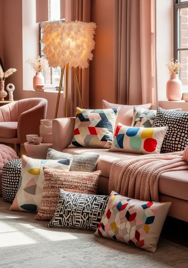Soft loft living area with artistic throw pillows, blush tones, velvet fabric, geometric patterns, cozy seating area, relaxed atmosphere, feminine textures, rich lighting, colorful and comfortable space, artistic flair with decorative cushions.