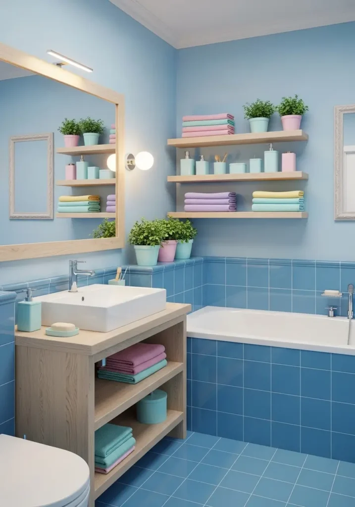 Bathroom with baby blue walls or tiles, white sink and bathtub, light wooden shelving, pastel-colored towels and containers, potted plants, soft lighting reflecting in mirrors, creating a calming, spa-like pastel bathroom.