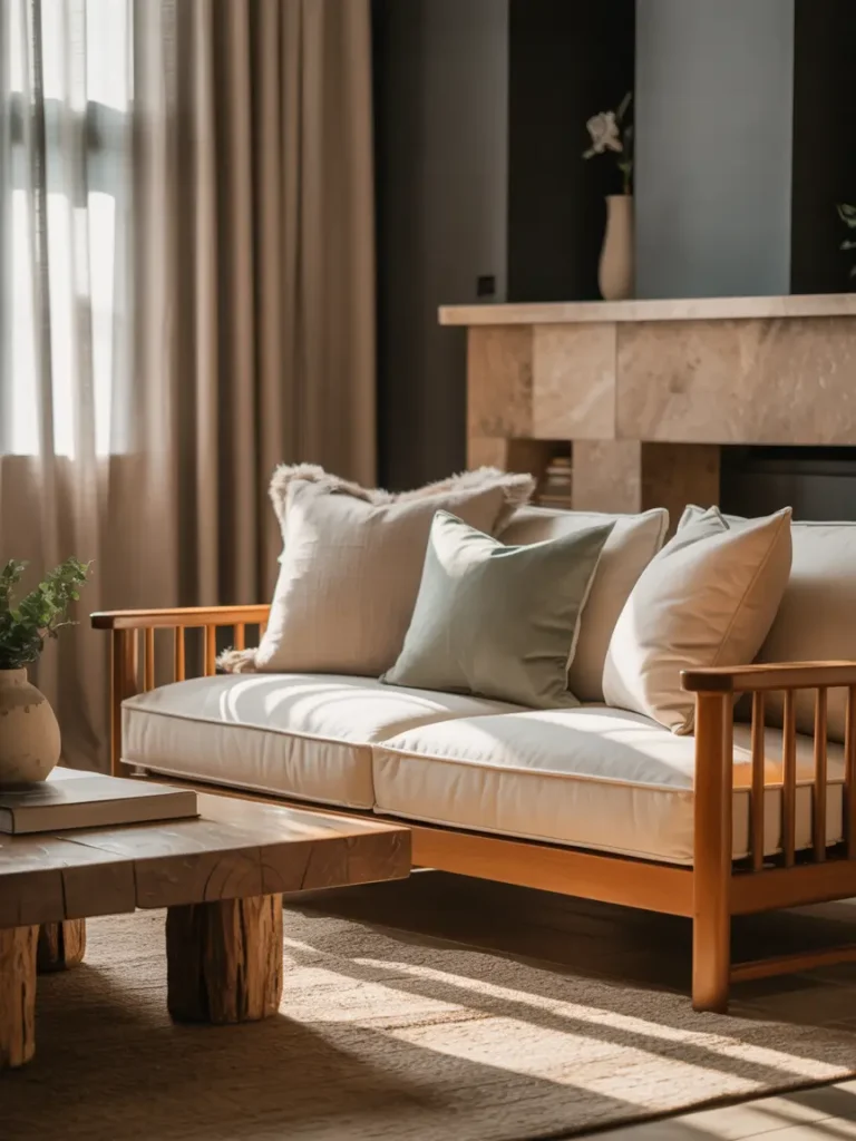 Japandi bedroom combining warm wooden furniture with cool gray bedding, neutral walls, soft window light, minimal decor accents, woven textures, calm balanced palette, Pinterest-style interior photography capturing harmonious serene environment.

