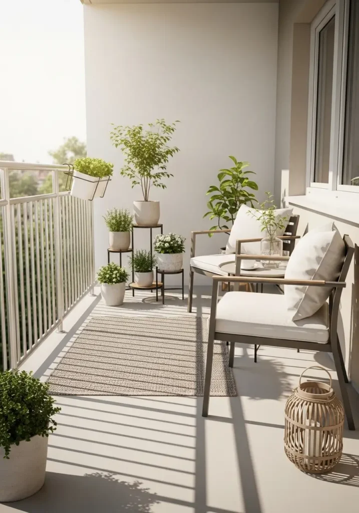 Clean apartment balcony with swept floor, tidy outdoor furniture, organized potted plants, polished railing, sunlight streaming through, cozy cushions, minimal decor, small outdoor rug, warm and inviting vibe, peaceful space for relaxation and morning coffee.