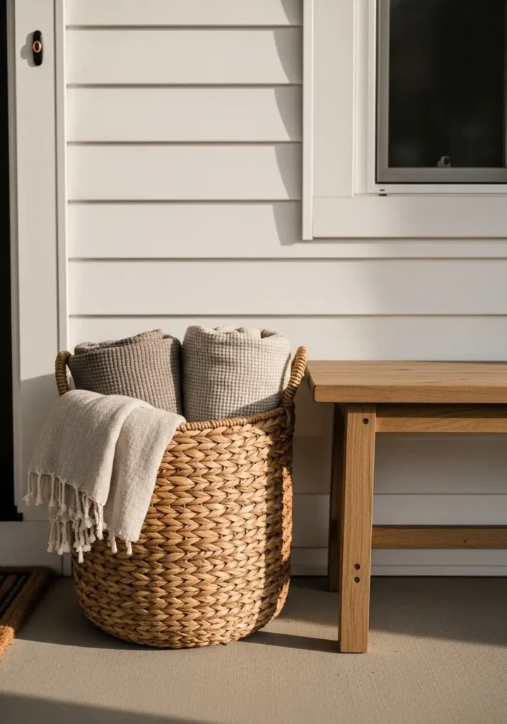 Minimal farmhouse porch with woven basket holding folded neutral blankets beside wooden bench, white siding, warm sunlight, tidy cozy styling, calm country home entrance, realistic textures, clean natural composition, soft welcoming curb appeal scene.