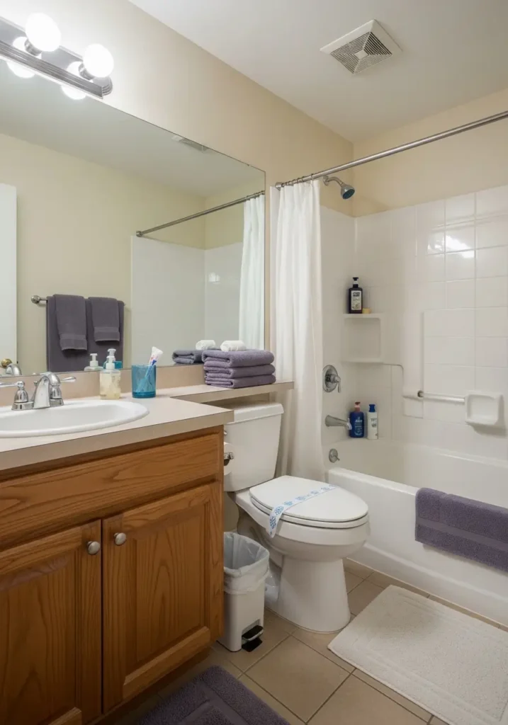 Bright bathroom with sparkling sink and mirror, clean shower and bathtub, polished tiles, folded fresh towels, neatly organized toiletries on shelves, clean floor with mop nearby, soft natural light, spa-like feel, inviting and hygienic space perfect for self-care moments.