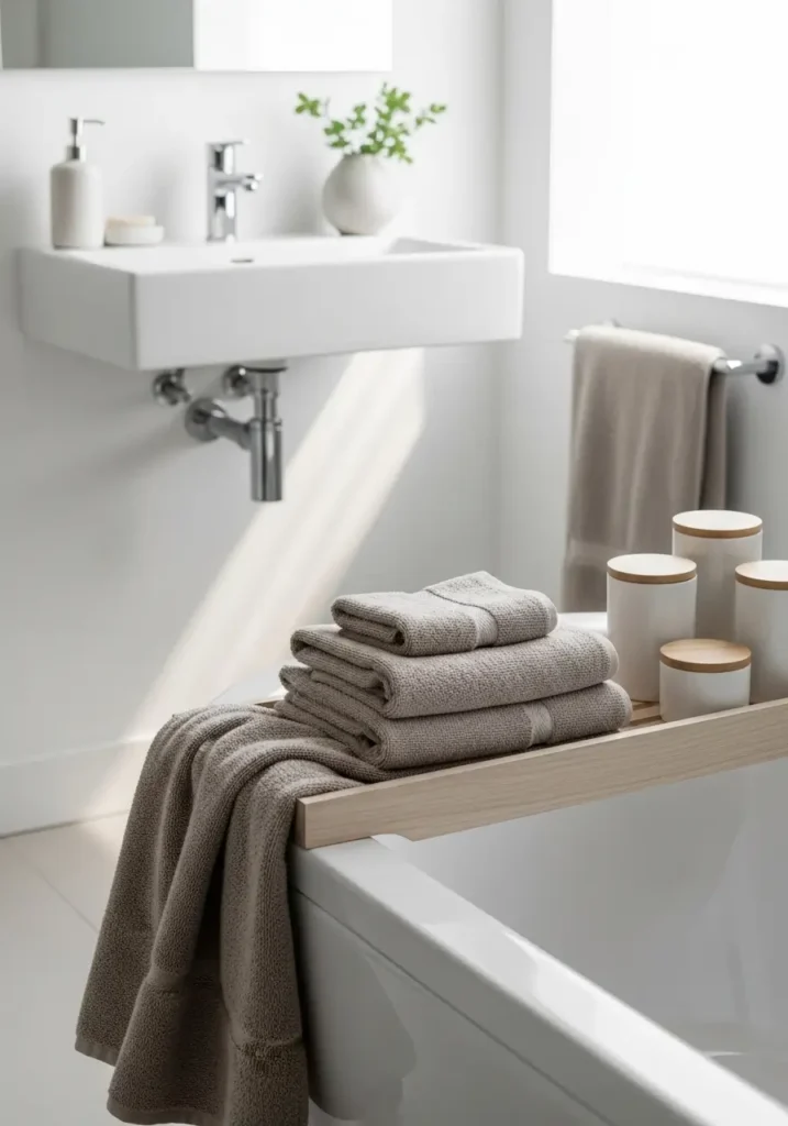 Minimalist bathroom with neutral towels, a wooden tray, ceramic containers, soft, diffused lighting, clean white surfaces, spa-inspired styling, a calm, peaceful atmosphere, realistic Pinterest interior photography highlighting texture and gentle lighting.

