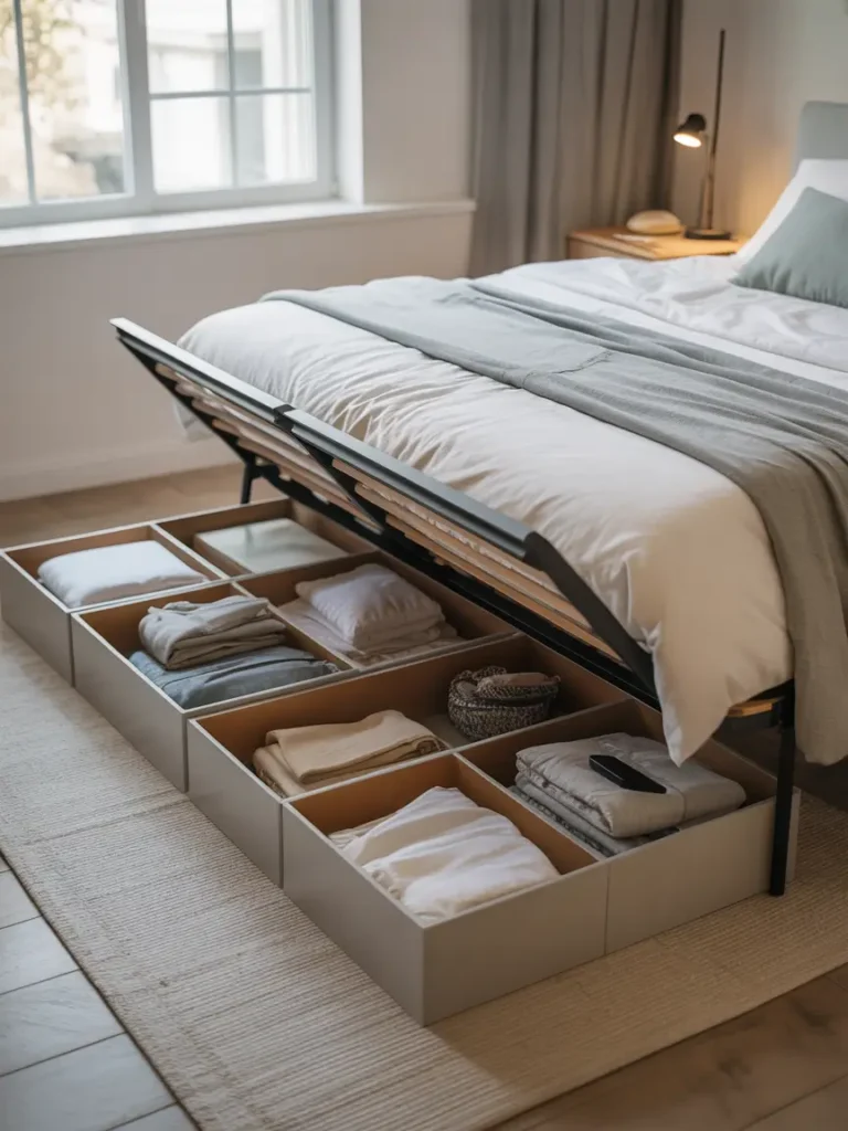 Cozy small apartment bedroom with under bed storage and bed risers, neatly tucked storage boxes, soft neutral bedding, warm natural light, realistic feminine rental decor, airy and tidy room mood, polished compact bedroom styling, pretty layered pillows, calm soft textures, elegant but practical small space design, inviting apartment atmosphere with hidden storage that keeps the room clean, cozy, and peaceful