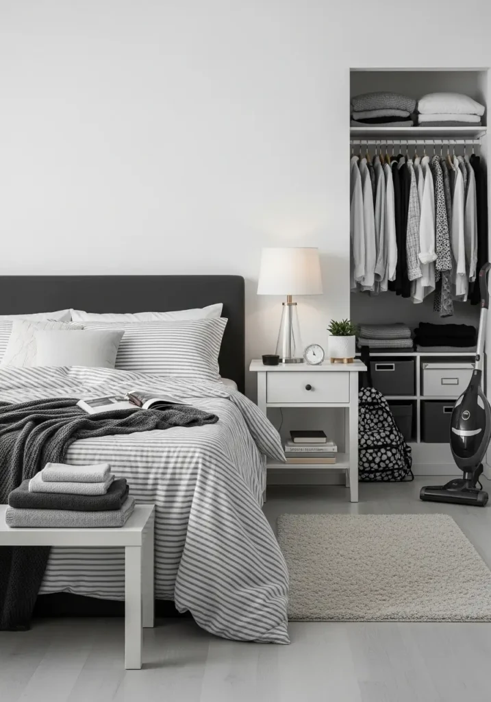 Cozy bedroom with neatly made bed, folded blankets, organized nightstands, clean floors, dusted shelves, soft natural light filtering through the window, warm and inviting atmosphere, minimalist decor, plush rugs, and subtle decorative touches to create a calm and peaceful retreat.