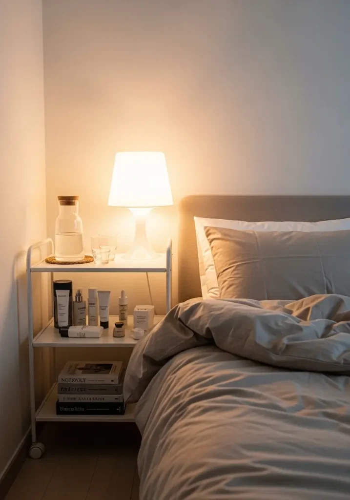 Small apartment bedroom with slim rolling cart beside bed, books, skincare, water carafe, soft beige bedding, white walls, warm lamp glow, clean minimal feminine style, realistic cozy interior photography.