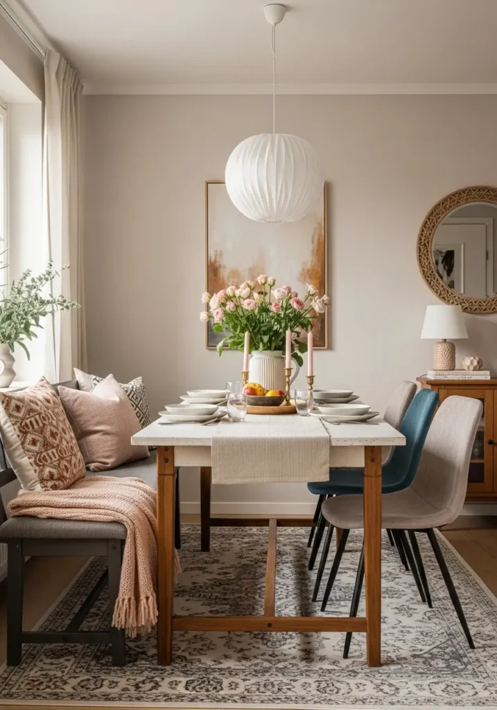 Modern eclectic apartment dining room with bench seating on one side of the table, mixed chairs on the other side, soft textiles, warm apartment light, vintage wood table, cozy feminine styling, realistic city home interior, layered rug, elegant wall art, relaxed urban mood, modern and vintage mix, charming collected decor, warm neutral palette, inviting dining nook with softness, texture, comfort, and easy everyday style

