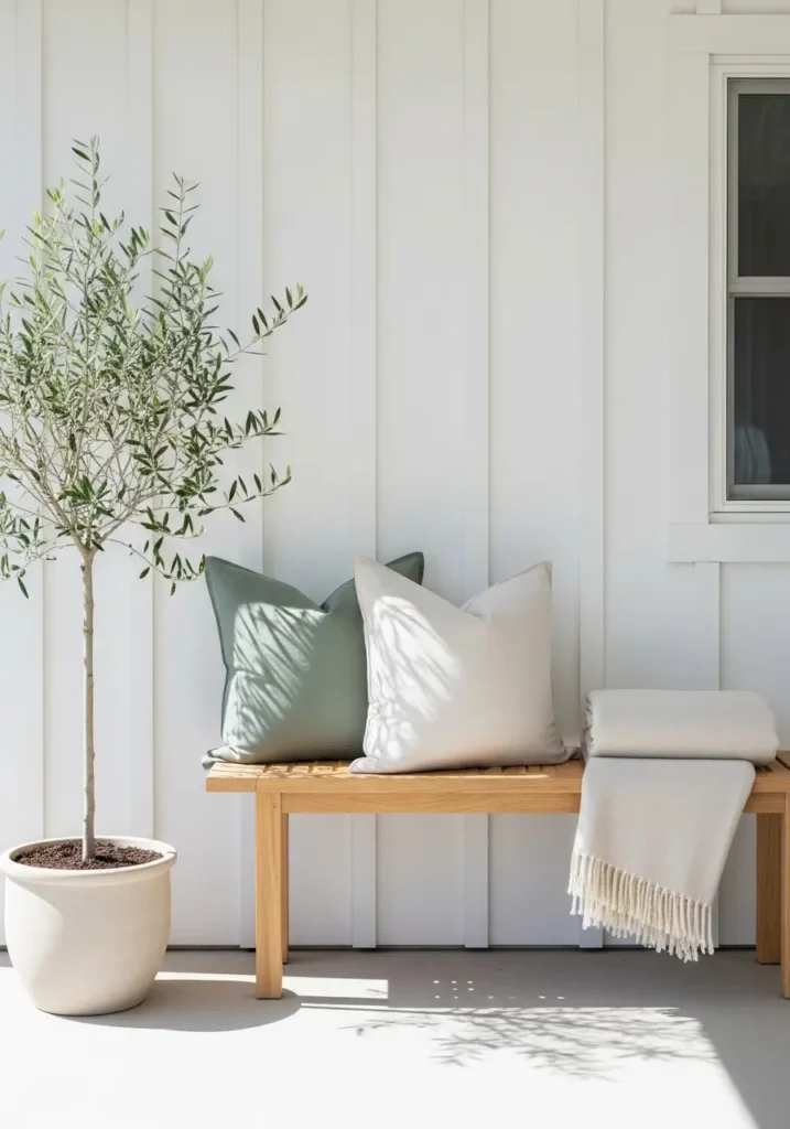 Clean minimal country porch with slim wooden bench, soft linen pillows in sage and cream, folded throw blanket, potted olive tree, white farmhouse wall, neat styling, bright natural light, cozy welcoming entrance, realistic front porch photography.