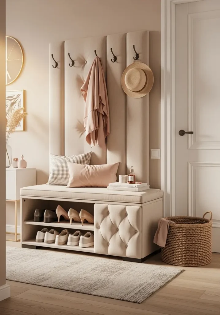 Cozy tiny apartment entryway with upholstered storage bench, hidden compartment under seat, woven basket nearby, beige and blush palette, clean minimal styling, warm natural light, tidy shoes stored inside, elegant feminine decor, realistic home interior scene.
