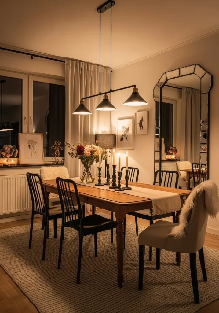 Modern eclectic apartment dining room with black accents in lighting, chair frames, mirror edges, and candle holders, warm layered lighting, vintage wood table, soft fabrics, cozy feminine decor, realistic editorial apartment interior, collected modern and vintage styling, warm neutral palette with sharp contrast, inviting urban dining space, textured rug, calm art, stylish dramatic balance, depth, polish, and softness

