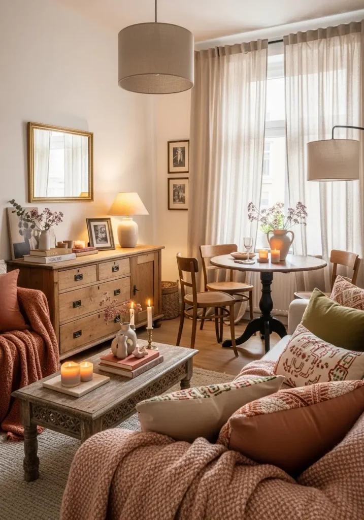 A small modern eclectic apartment featuring aged wood furniture, soft linen curtains, plush pillows, textured throws, warm lighting, cozy feminine mood, balanced styling, intimate and collected atmosphere, realistic interior with natural and gentle tones

