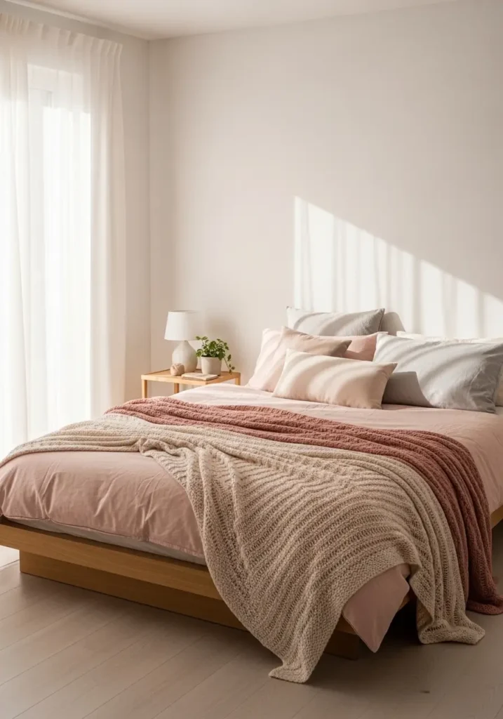 Minimal bedroom with blush pink bedding, soft layered blankets, neutral white walls, light wood bed frame, clean aesthetic, cozy feminine decor, natural sunlight through sheer curtains, simple pillows in soft tones, uncluttered layout with calm and airy feeling

