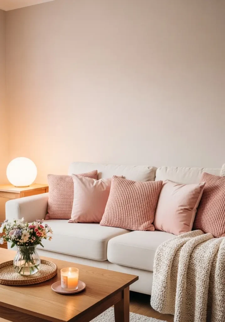 Cute girly apartment sofa styled with blush pink decorative pillows, velvet textures mixed with knit cushions, cream colored couch, warm table lamp glowing beside sofa, soft neutral walls, cozy throw blanket, wooden coffee table with candle and flowers