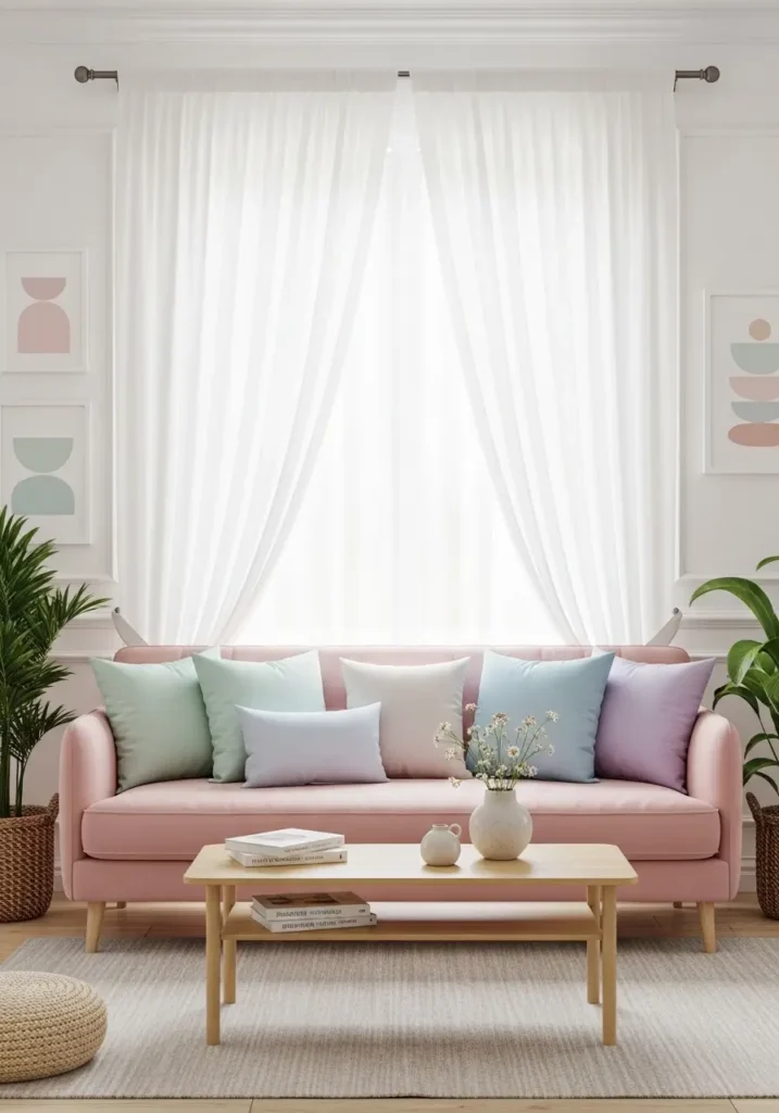 Cozy living room with a blush pink sofa, pastel throw pillows, a light wooden coffee table, sheer curtains letting in soft sunlight, green plants in the corners, and minimalist pastel wall art, creating a calm and feminine space.