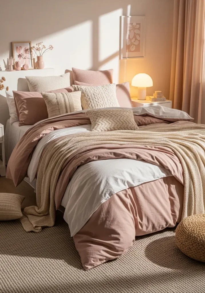 blush-pink bedroom with soft, layered bedding, textured cushions, a warm bedside lamp, a neutral rug, minimal, feminine decor, natural window light, a cozy, romantic atmosphere, realistic interior styling, calming, soft tones, a peaceful retreat feeling, gentle shadows, and a warm glow.