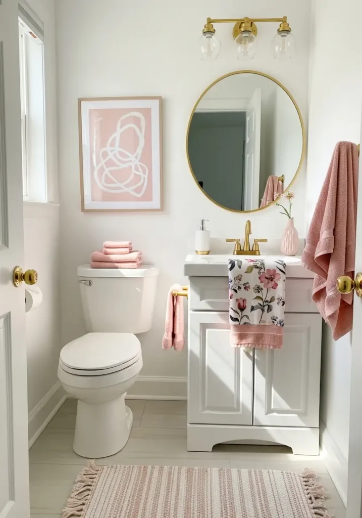 Tiny apartment bathroom with blush pink framed wall art above toilet, white walls, gold fixtures, soft hand towels, small vanity, delicate floral print, clean girly styling, warm daylight, elegant renter friendly decor, balanced layout, cozy and chic mood, realistic apartment bathroom with feminine charm and soft color story, photo realistic interior with cute modern details
