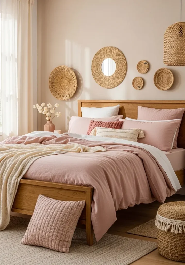 bedroom with blush pink bedding, a wooden bed frame, warm neutral walls, woven decor accents, soft sunlight streaming into the room, layered textures creating a cozy, feminine atmosphere, and realistic interior photography capturing calm, inviting styling.