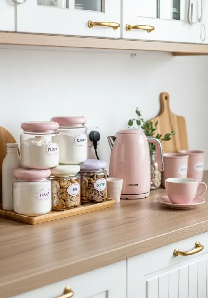 Minimal pastel kitchen counter with blush pink storage jars, clear glass containers, soft cream backsplash, tidy wooden tray, cute kawaii labels, gentle daylight, clean simple styling, feminine cozy mood, peaceful pastel kitchen makeover with neat and dreamy organization.