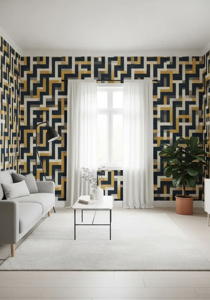 Elegant living room with bold patterned wallpaper in warm, earthy tones, a soft neutral sofa, textured throw pillows, a wooden coffee table, sunlight filtering through sheer curtains, layered textiles, Pinterest-inspired interior photography showcasing a vibrant yet cozy, balanced atmosphere.

