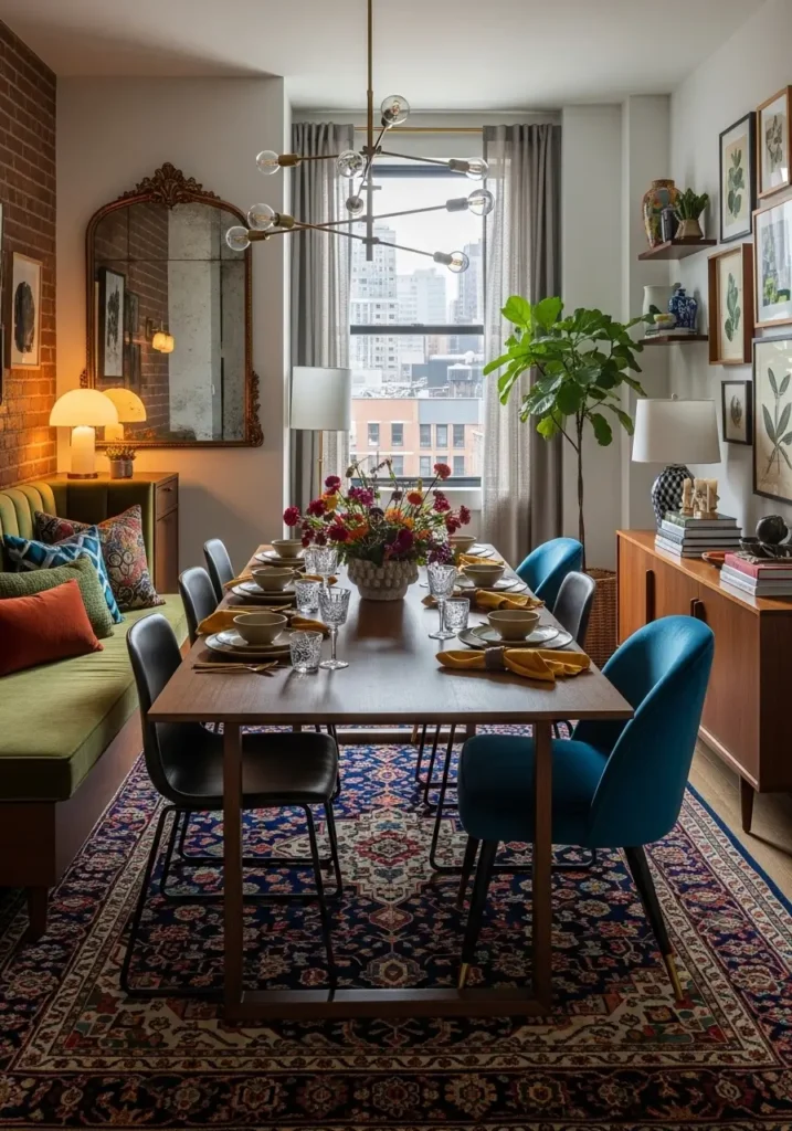 Modern eclectic apartment dining room with bold rug under dining table, layered textures, warm stylish apartment interior, mixed furniture, cozy feminine decor, rich colors and patterns, modern and vintage blend, inviting home atmosphere, realistic editorial photography, beautiful dining setup, statement rug pulling room together, soft lighting, collected decor details, elegant urban home scene with depth and warmth

