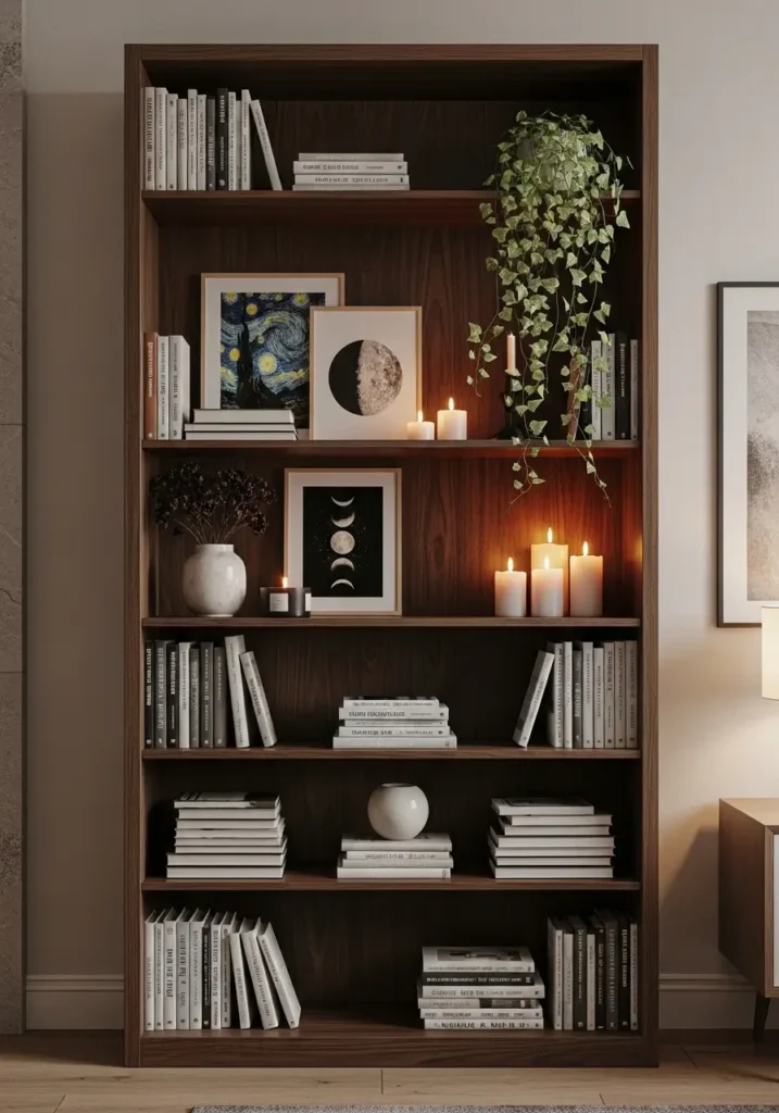 Tall apartment bookcase with dark shelves, stacked books, candles, framed celestial art, trailing ivy plant, ceramic vase, clean modern apartment styling, renter friendly decor, tidy shelves, rich moody tones, feminine whimsigoth atmosphere, elegant minimal setup with warm lighting.