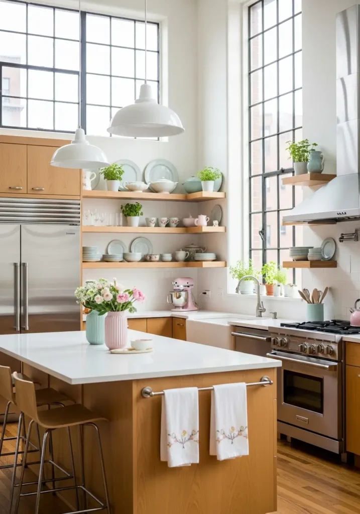 Light-filled loft kitchen with airy open shelves, soft pastel accents, modern appliances, feminine touches, natural wood finishes, subtle floral prints, clean countertops, bright daylight streaming through windows, calm kitchen atmosphere, welcoming urban loft style.