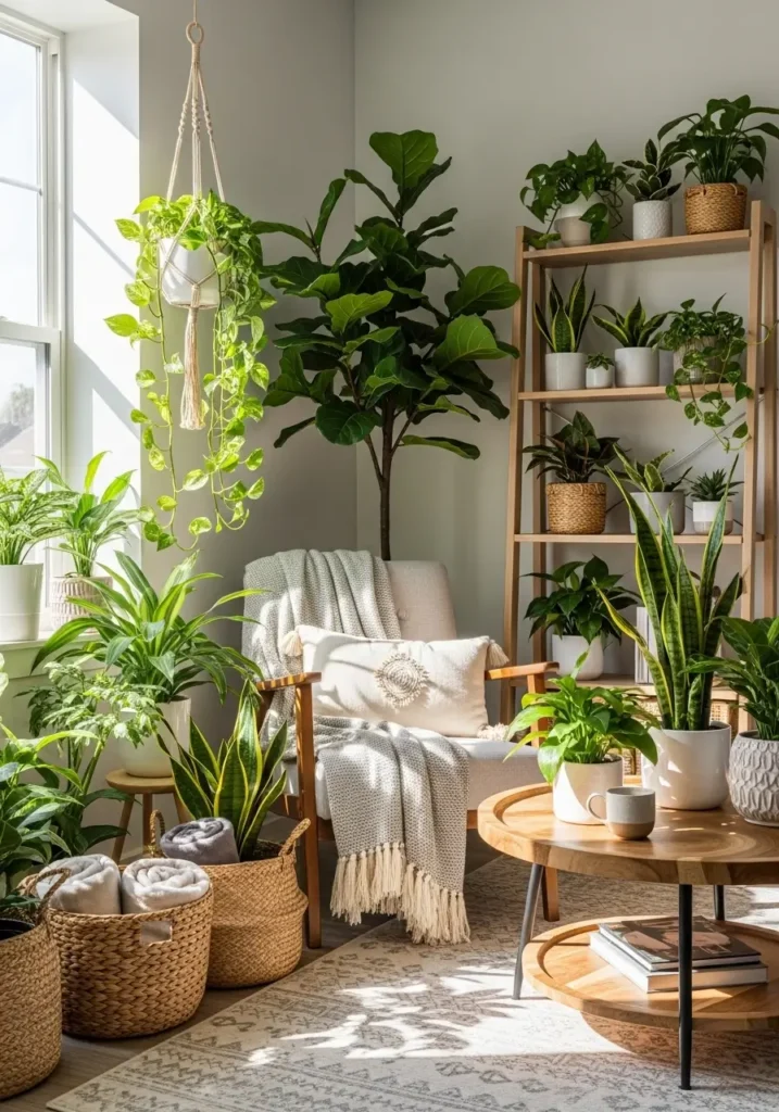 A small apartment corner filled with indoor plants, natural wood furniture, woven textures, soft fabrics, sunlight coming through the window, fresh and calming modern eclectic decor, cozy and airy atmosphere with greenery and organic elements

