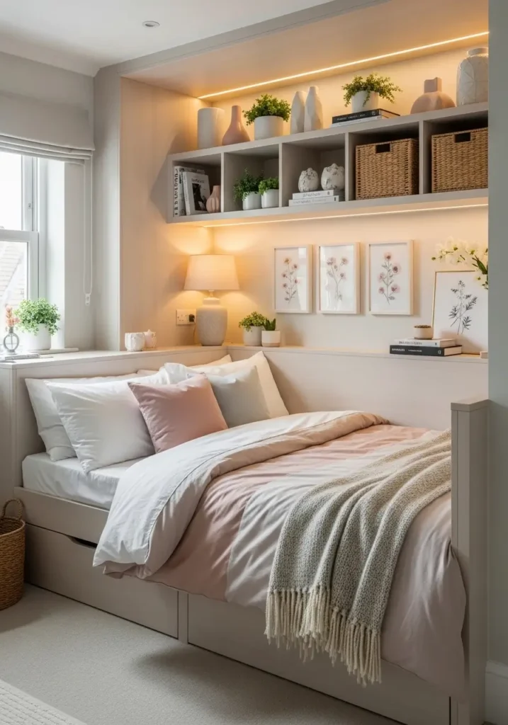 Small loft apartment bedroom with built-in bed nook and smart storage, soft neutral bedding, feminine styling, under-bed drawers, floating shelves, woven baskets, compact and cozy layout, warm lighting, clean but inviting decor, pale wood finishes, pretty wall art, space-saving design, charming small loft atmosphere with organized and stylish apartment bedroom details

