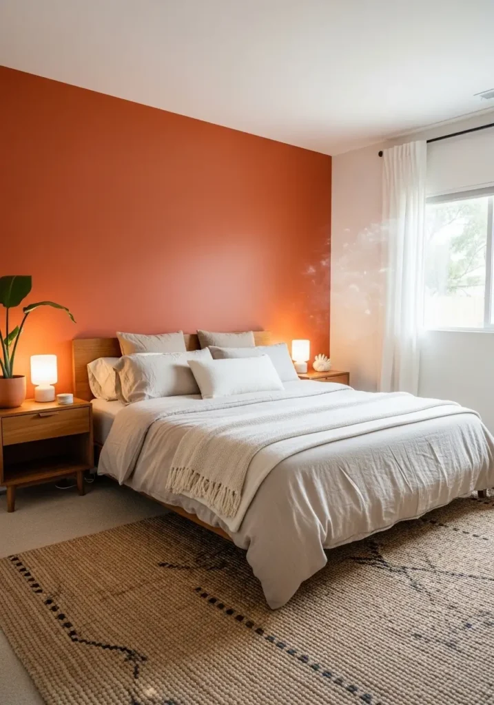 Modern bedroom with a burnt-orange accent wall behind a neutral bed, beige bedding layers, wooden furniture accents, a warm ambient glow, a woven rug beneath the bed, natural daylight entering through the window, Pinterest-style interior photography capturing a cozy modern atmosphere.

