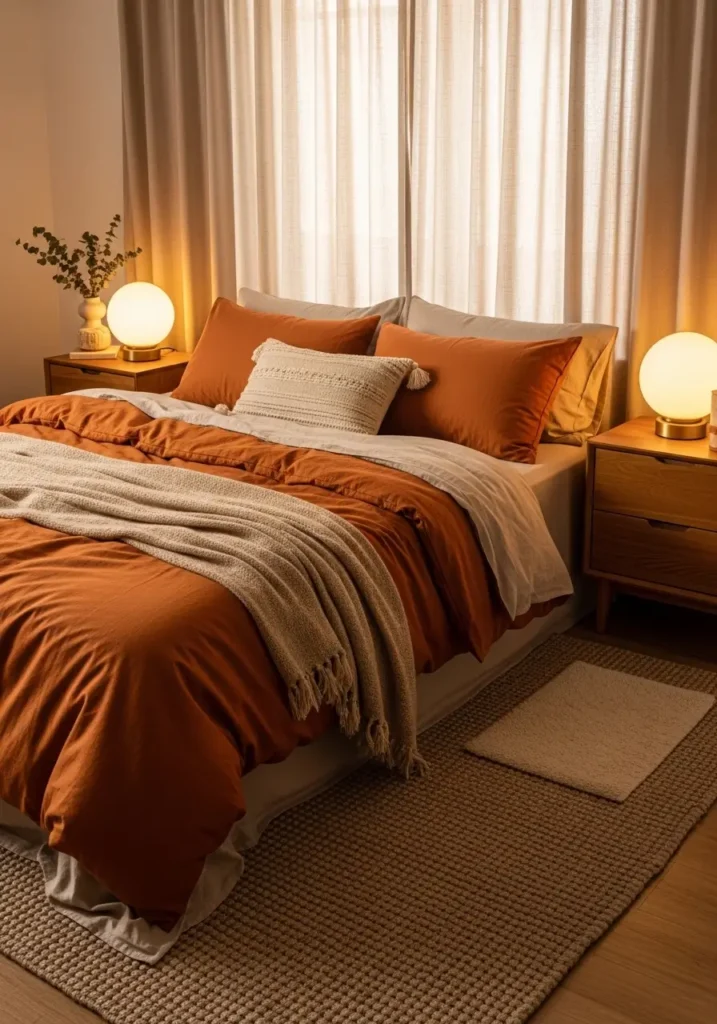 Cozy bedroom styled with burnt orange bedding layered over beige linens, wooden nightstands, warm ambient lighting, woven rug texture beneath bed, natural daylight filtering through curtains, Pinterest-style interior photography capturing soft warm atmosphere.