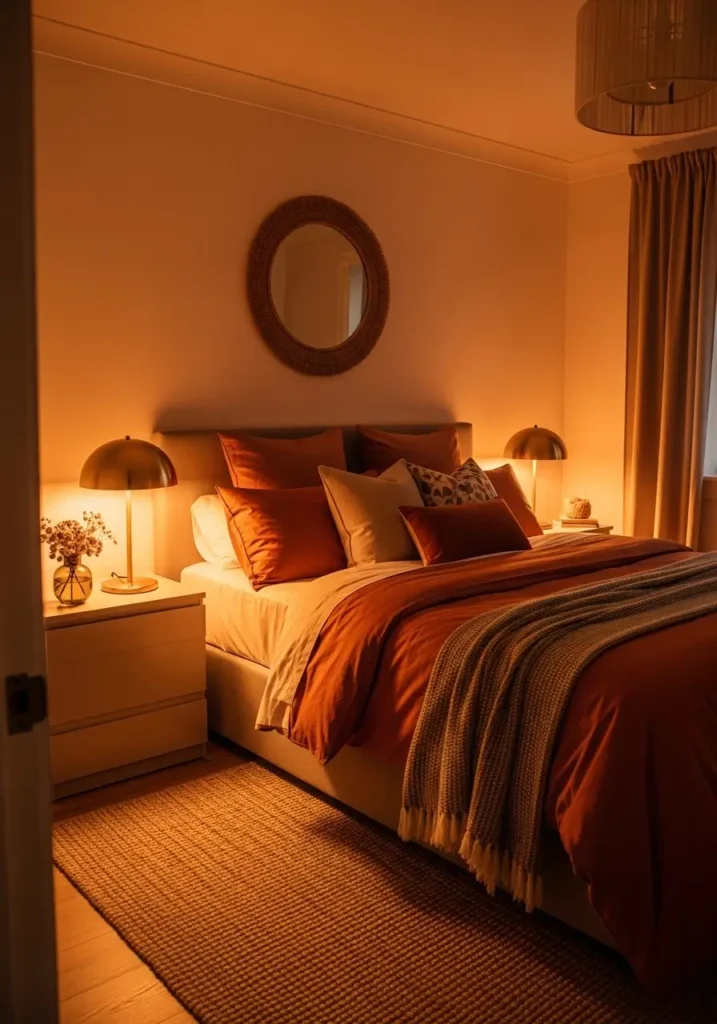 Stylish bedroom featuring burnt orange bedding with brass bedside lamps, soft neutral walls, layered textiles, warm ambient lighting glow, textured rug beneath bed, Pinterest-style interior photography capturing cozy elegant atmosphere with warm reflections.

