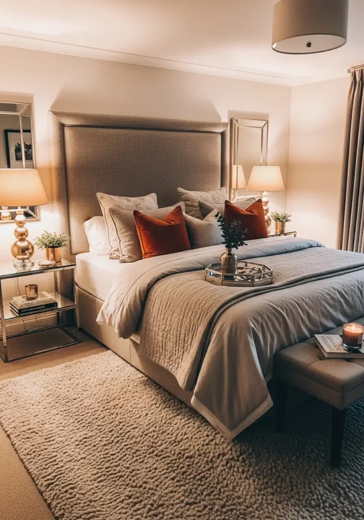 Elegant bedroom featuring burnt orange cushions with champagne toned decor accents, upholstered headboard, plush rug texture, warm evening lighting glow, neutral bedding layers, Pinterest-style interior photography capturing cozy refined atmosphere.


