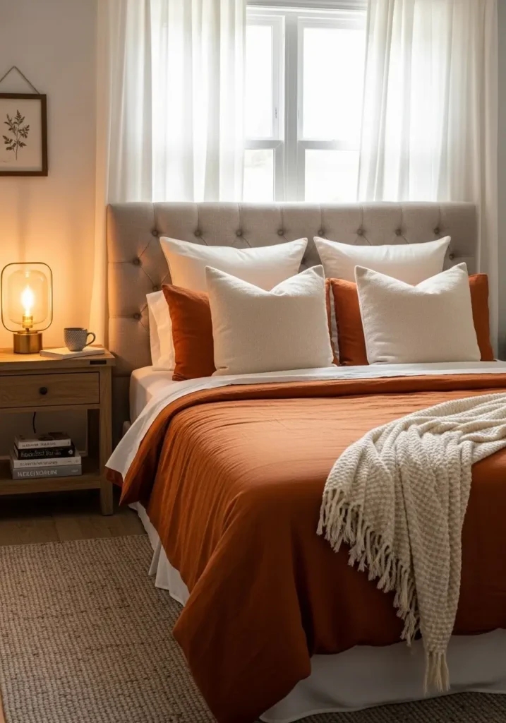 Pinterest-style bedroom featuring burnt-orange bedding layered with cream pillows, an upholstered headboard, warm sunlight filtering through sheer curtains, a textured neutral rug, wooden bedside table styling, and a cozy, elegant atmosphere captured in realistic interior photography with soft, glowing warmth.