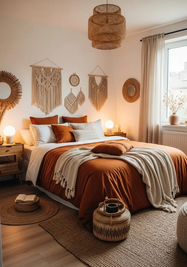 Cozy bedroom featuring burnt orange bedding layered with creamy beige textiles, wooden bedside tables, soft ambient lighting, woven rug beneath bed, natural daylight entering softly, Pinterest-style interior photography capturing warm, peaceful atmosphere.


