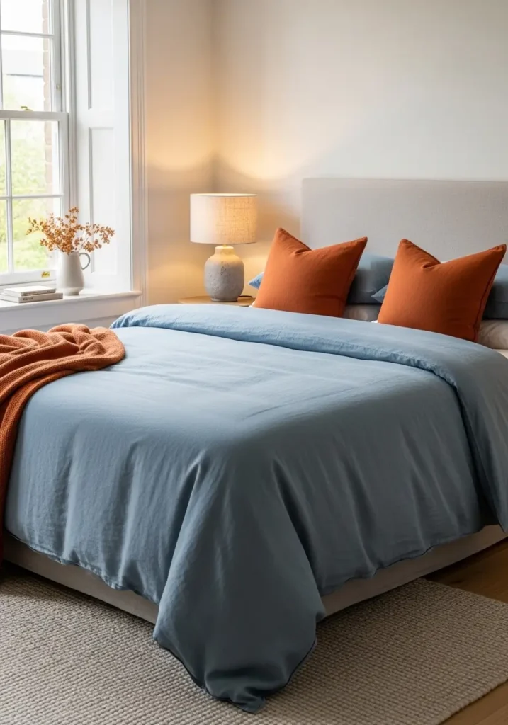 Pinterest-style bedroom featuring dusty blue bedding with burnt orange pillows, upholstered headboard, warm ambient lighting glow, neutral rug textures, natural daylight softly illuminating colors, and realistic interior photography capturing cozy, balanced styling.

