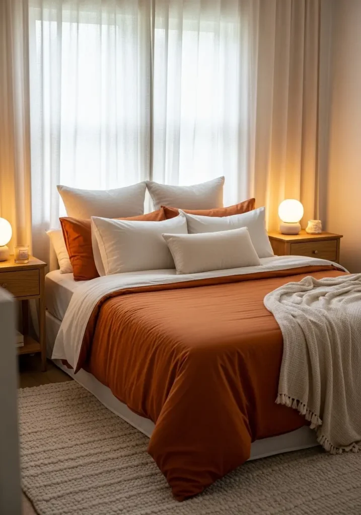 Pinterest-style bedroom featuring burnt orange bedding layered with ivory pillows, soft linen curtains diffusing natural daylight, wooden bedside tables, textured neutral rug, warm ambient lighting glow, realistic interior photography capturing cozy elegant atmosphere with gentle warmth.

