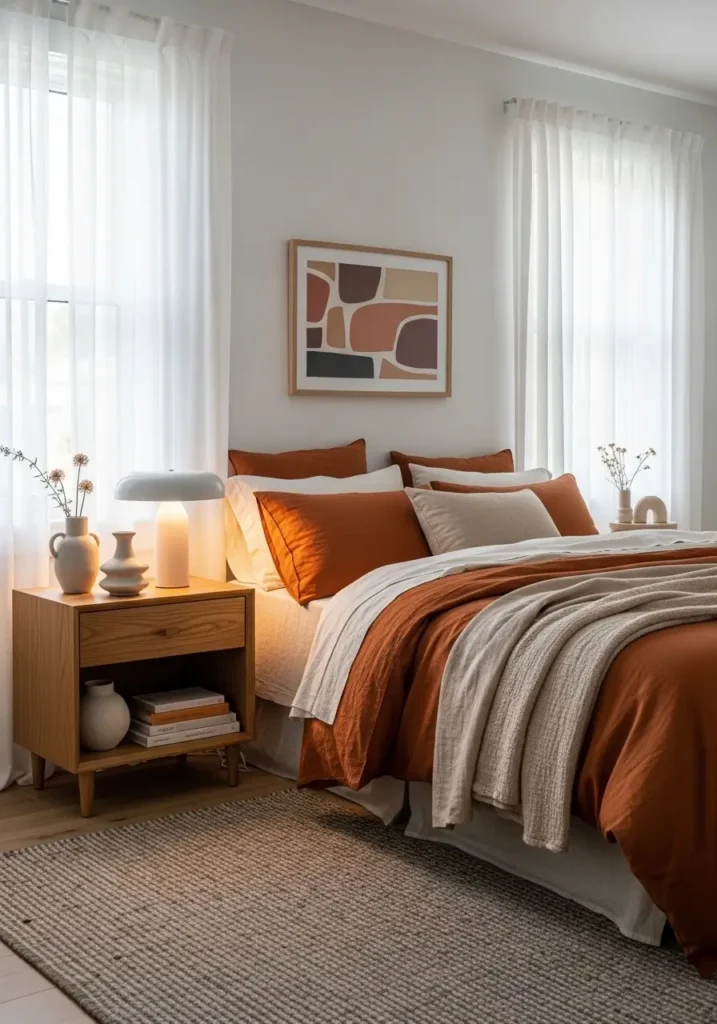 Pinterest-style bedroom with burnt orange bedding layered with linen textures, wooden nightstand styling, ceramic decor accents, soft daylight filtering through sheer curtains, textured rug beneath bed, realistic interior photography capturing relaxed cozy atmosphere.

