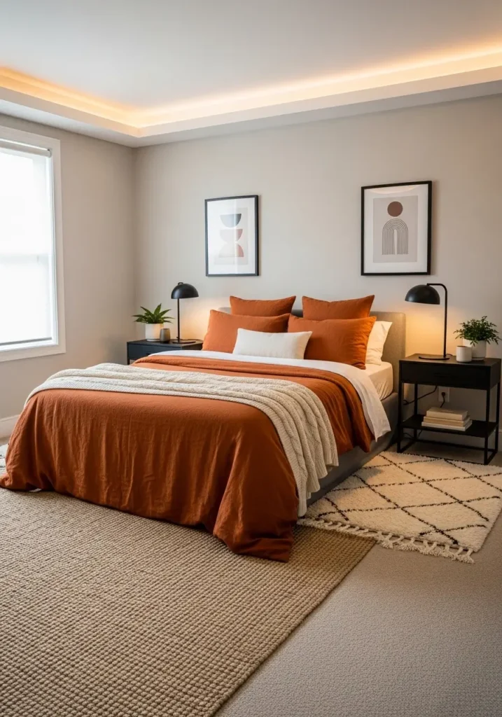 Modern bedroom featuring burnt-orange bedding with matte-black lamps and frames, neutral wall tones, layered textured rugs, warm ambient lighting, soft daylight illuminating the space, Pinterest-style interior photography capturing cozy modern elegance.

