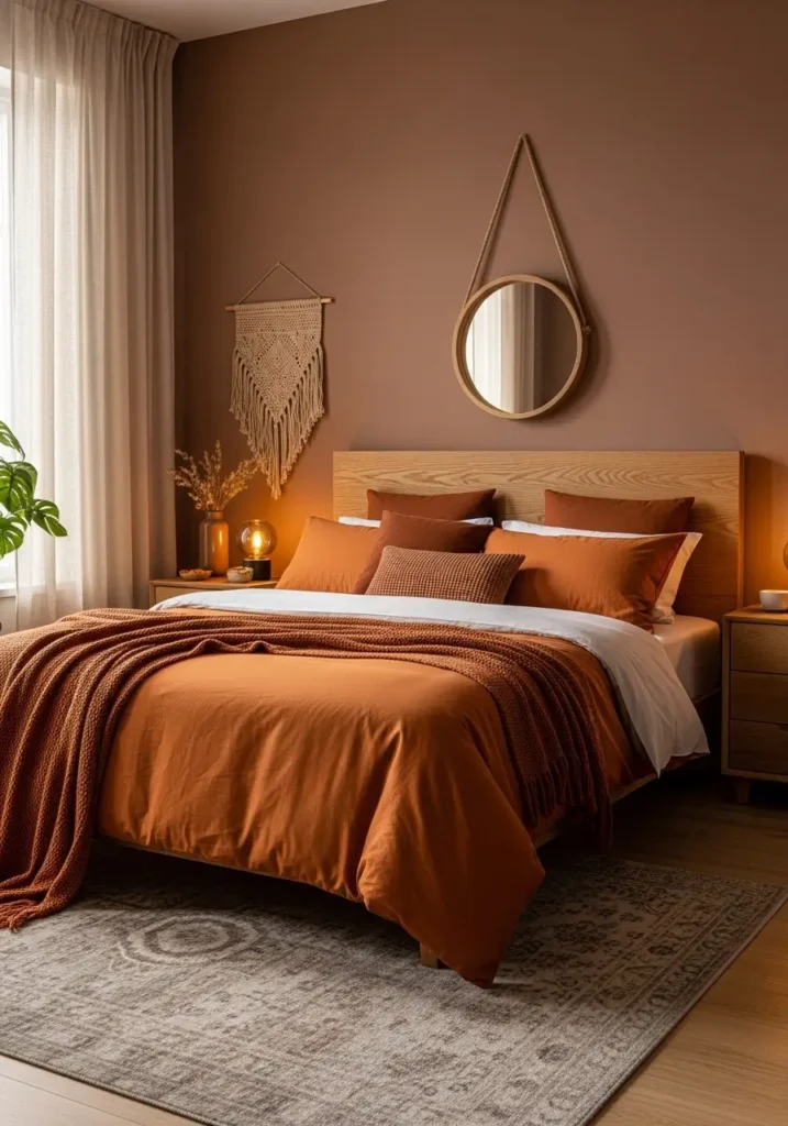 Warm bedroom styled with burnt orange bedding and mocha brown accents, wooden furniture textures, a plush rug beneath the bed, warm bedside lighting, soft daylight entering through the window, Pinterest-style interior photography capturing a cozy, earthy atmosphere.


