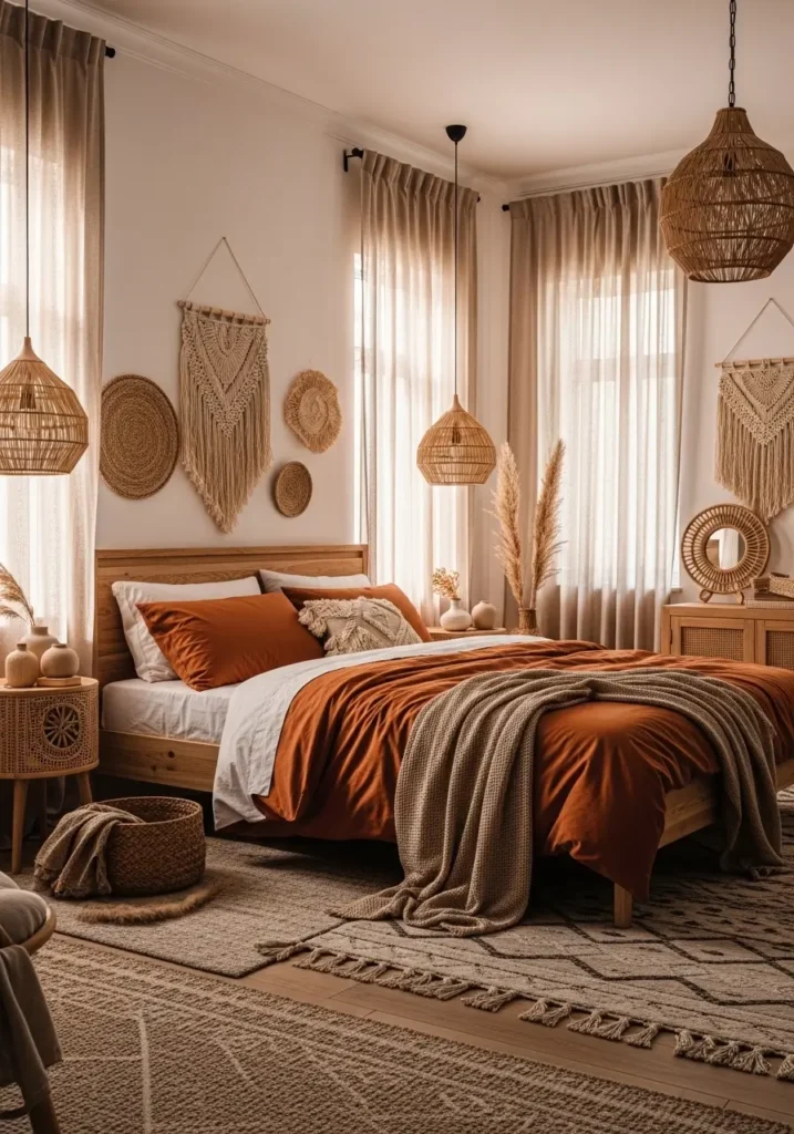Pinterest-style bedroom with burnt orange bedding paired with wooden bed frame, woven decor accents, linen curtains diffusing sunlight, textured rug layers, cozy natural styling, realistic interior photography capturing warm earthy atmosphere with relaxed elegance.

