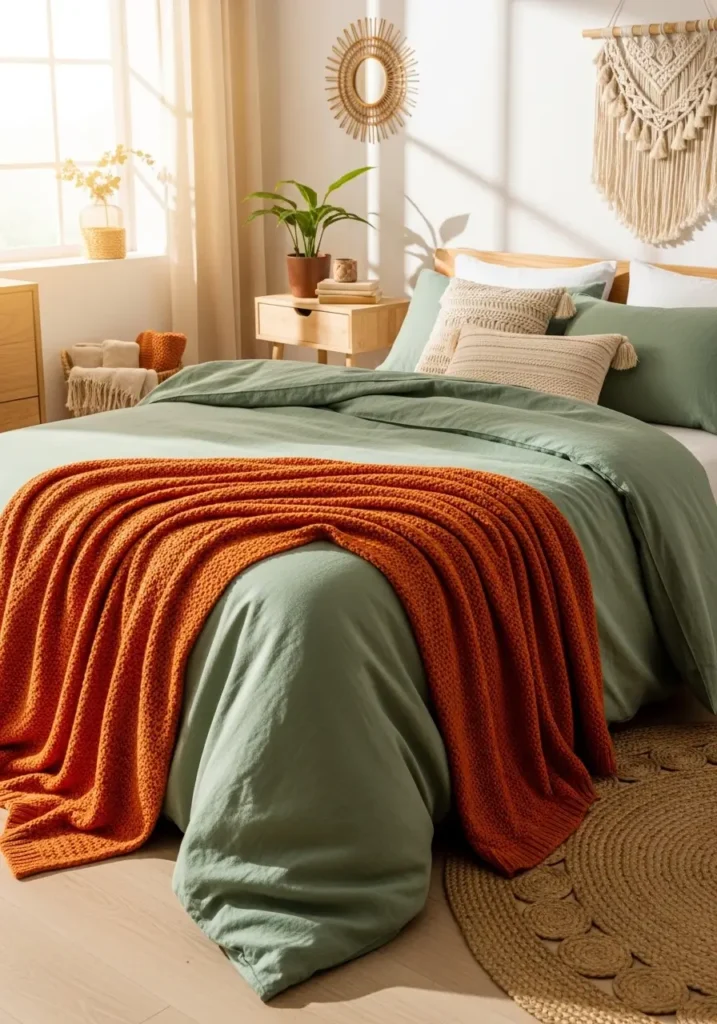 Cozy bedroom styled with burnt orange throw blanket over sage green bedding, wooden furniture accents, woven decor textures, warm sunlight entering through window, layered textiles creating calm natural atmosphere, Pinterest-style interior photography capturing organic cozy styling.

