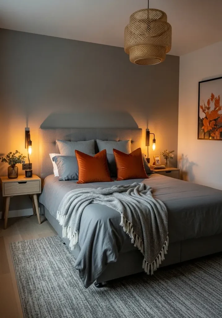 Stylish bedroom featuring burnt orange throw pillows on gray bedding, upholstered headboard, warm bedside lighting glow, neutral rug beneath bed, soft daylight illuminating textures, Pinterest-style interior photography showing cozy contemporary atmosphere.


