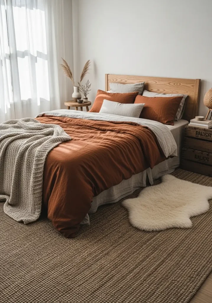 Pinterest-style bedroom styled with burnt orange bedding layered over linen textiles, wooden furniture accents, sheer curtains diffusing sunlight, textured rug layers, minimal decor styling, and realistic interior photography capturing a calm, cozy atmosphere with natural warmth.

