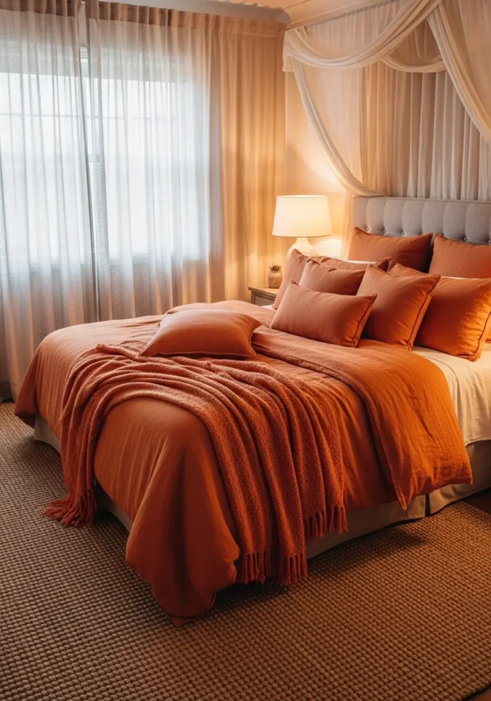 Pinterest-style bedroom featuring burnt orange bedding layered with peach cushions, upholstered headboard, linen curtains diffusing sunlight, textured rug beneath bed, warm bedside lighting glow, realistic interior photography capturing dreamy, feminine atmosphere with cozy warmth.

