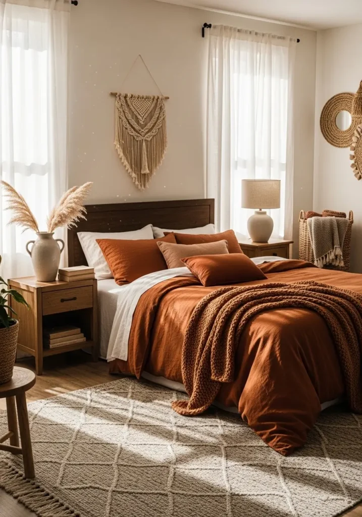 Pinterest-style bedroom featuring burnt-orange bedding layered with terracotta cushions, wooden furniture accents, woven decor textures, warm sunlight filtering through curtains, a textured neutral rug beneath the bed, realistic interior photography capturing an earthy, cozy atmosphere with relaxed styling.

