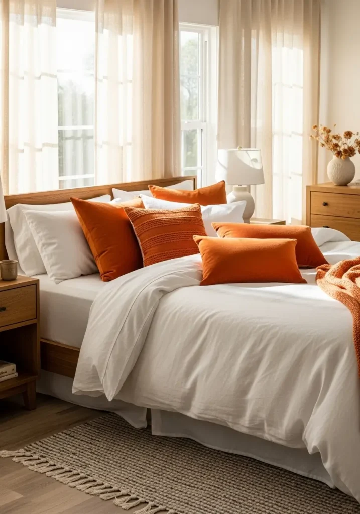 Bright bedroom featuring burnt orange cushions layered over warm white bedding, linen curtains glowing with daylight, wooden furniture accents, textured rug beneath bed, Pinterest-style interior photography capturing airy cozy atmosphere with soft warmth.

